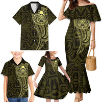 New Zealand Skull Darts Family Matching Mermaid Dress and Hawaiian Shirt Aotearoa Maori Chest Tattoo Stylized Gold - Polynesian Pride