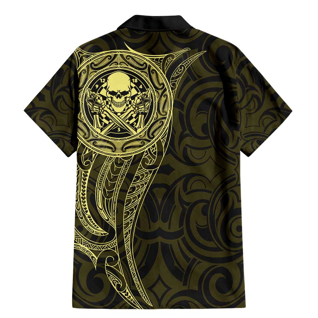 New Zealand Skull Darts Family Matching Mermaid Dress and Hawaiian Shirt Aotearoa Maori Chest Tattoo Stylized Gold - Polynesian Pride