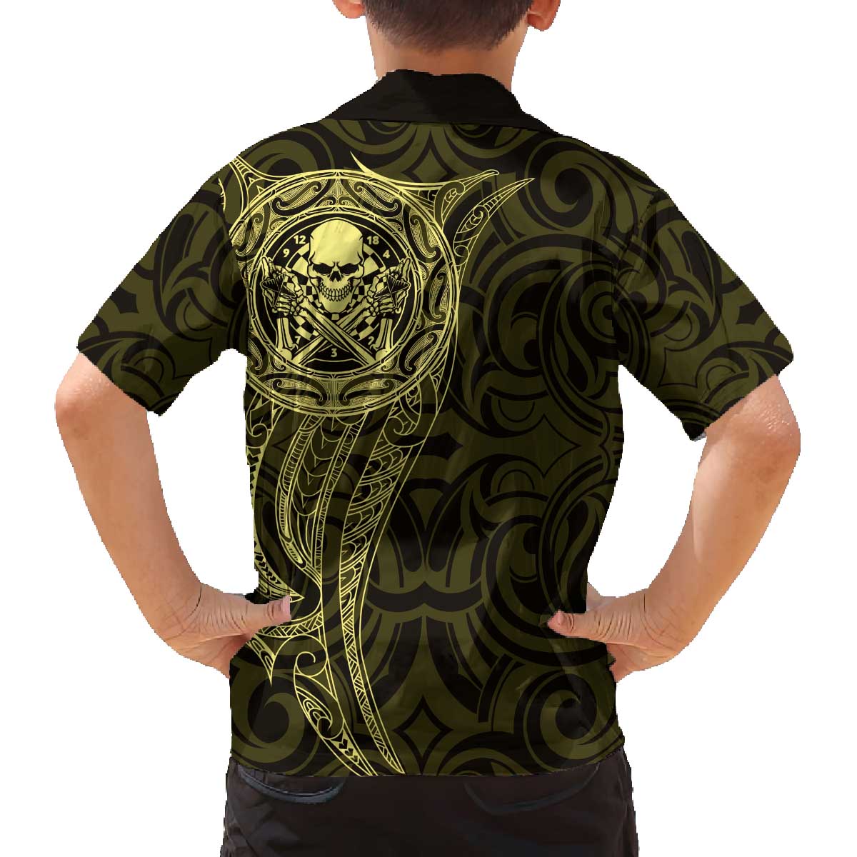 New Zealand Skull Darts Family Matching Off The Shoulder Long Sleeve Dress and Hawaiian Shirt Aotearoa Maori Chest Tattoo Stylized Gold - Polynesian Pride