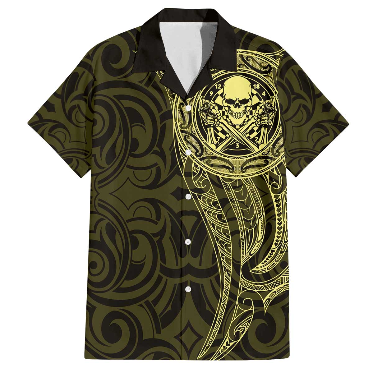 New Zealand Skull Darts Family Matching Off The Shoulder Long Sleeve Dress and Hawaiian Shirt Aotearoa Maori Chest Tattoo Stylized Gold - Polynesian Pride