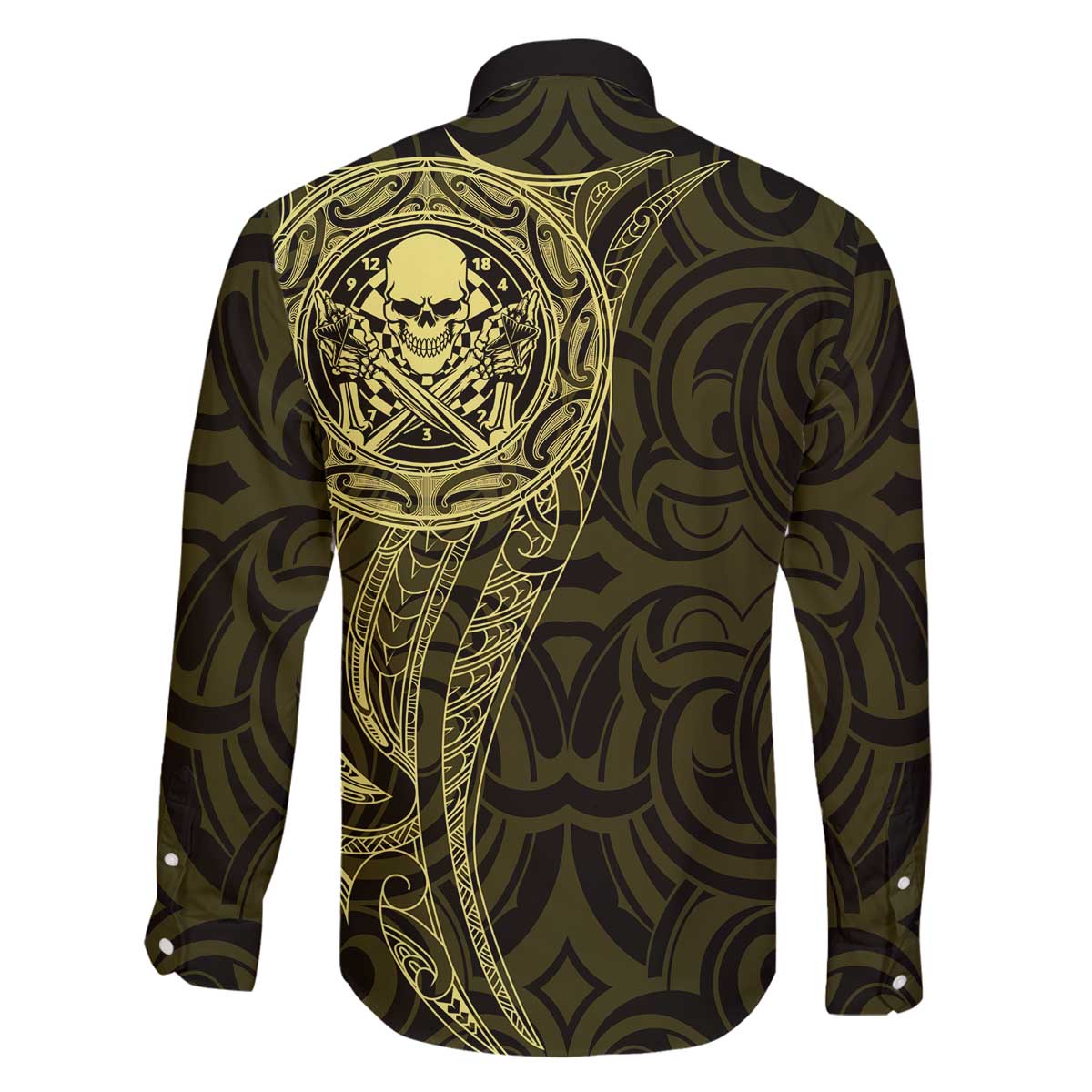 New Zealand Skull Darts Family Matching Off The Shoulder Long Sleeve Dress and Hawaiian Shirt Aotearoa Maori Chest Tattoo Stylized Gold - Polynesian Pride