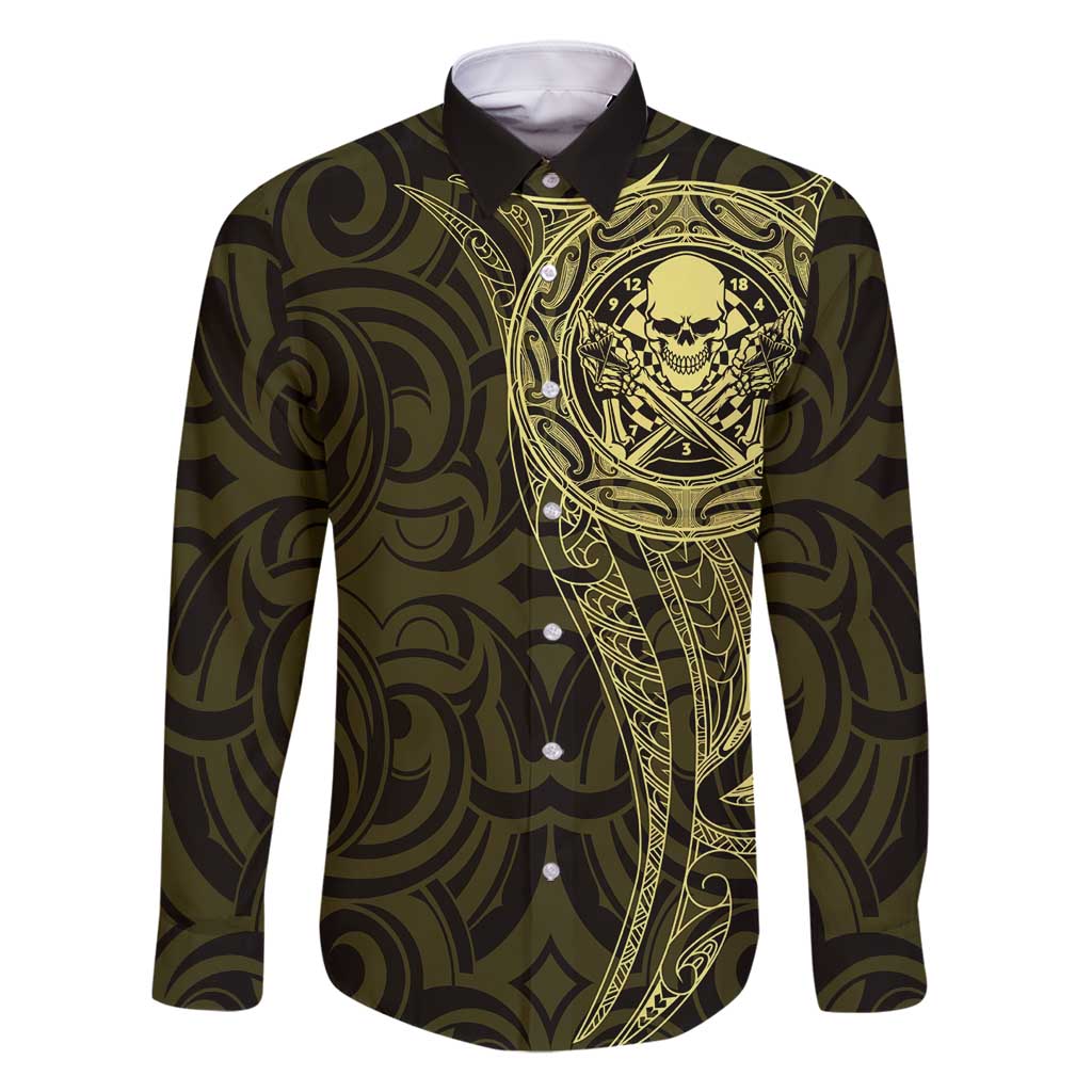 New Zealand Skull Darts Family Matching Off Shoulder Maxi Dress and Hawaiian Shirt Aotearoa Maori Chest Tattoo Stylized Gold - Polynesian Pride