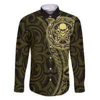 New Zealand Skull Darts Family Matching Off Shoulder Short Dress and Hawaiian Shirt Aotearoa Maori Chest Tattoo Stylized Gold - Polynesian Pride