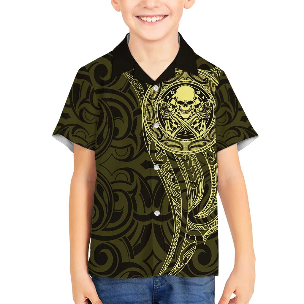 New Zealand Skull Darts Family Matching Off Shoulder Short Dress and Hawaiian Shirt Aotearoa Maori Chest Tattoo Stylized Gold - Polynesian Pride