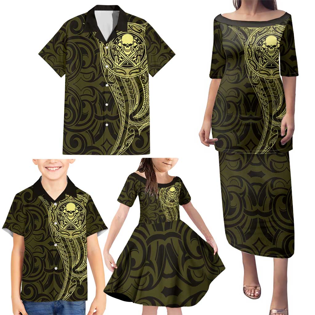 New Zealand Skull Darts Family Matching Puletasi and Hawaiian Shirt Aotearoa Maori Chest Tattoo Stylized Gold - Polynesian Pride