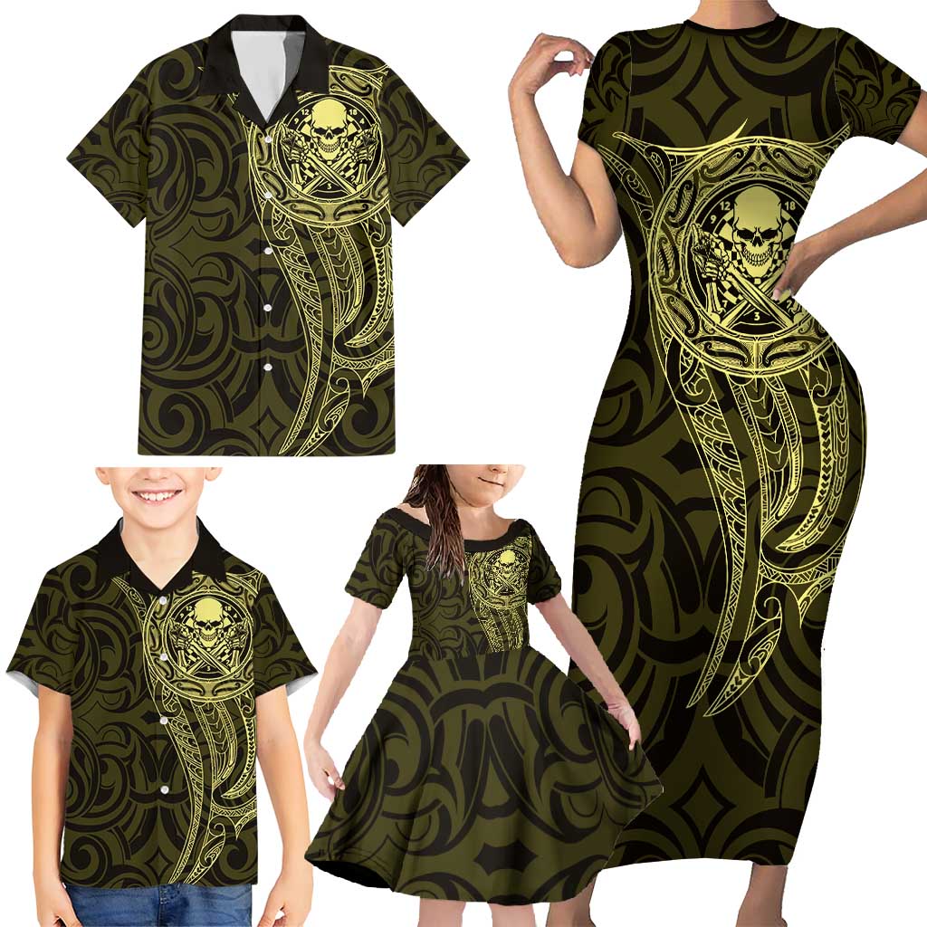 New Zealand Skull Darts Family Matching Short Sleeve Bodycon Dress and Hawaiian Shirt Aotearoa Maori Chest Tattoo Stylized Gold - Polynesian Pride