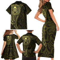 New Zealand Skull Darts Family Matching Short Sleeve Bodycon Dress and Hawaiian Shirt Aotearoa Maori Chest Tattoo Stylized Gold - Polynesian Pride