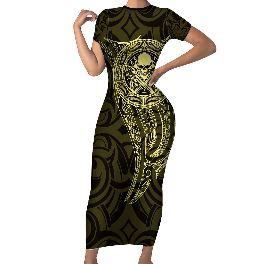 New Zealand Skull Darts Family Matching Short Sleeve Bodycon Dress and Hawaiian Shirt Aotearoa Maori Chest Tattoo Stylized Gold - Polynesian Pride