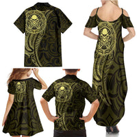 New Zealand Skull Darts Family Matching Summer Maxi Dress and Hawaiian Shirt Aotearoa Maori Chest Tattoo Stylized Gold - Polynesian Pride
