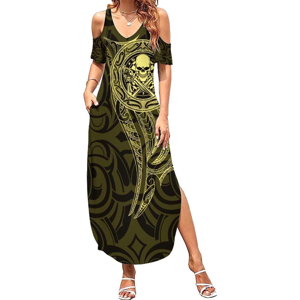 New Zealand Skull Darts Family Matching Summer Maxi Dress and Hawaiian Shirt Aotearoa Maori Chest Tattoo Stylized Gold - Polynesian Pride