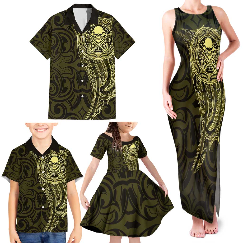 New Zealand Skull Darts Family Matching Tank Maxi Dress and Hawaiian Shirt Aotearoa Maori Chest Tattoo Stylized Gold - Polynesian Pride