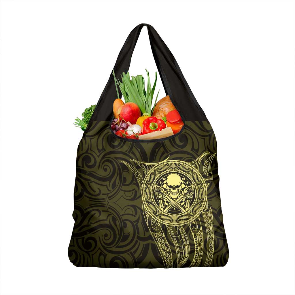 New Zealand Skull Darts Grocery Bag Aotearoa Maori Chest Tattoo Stylized Gold - Polynesian Pride