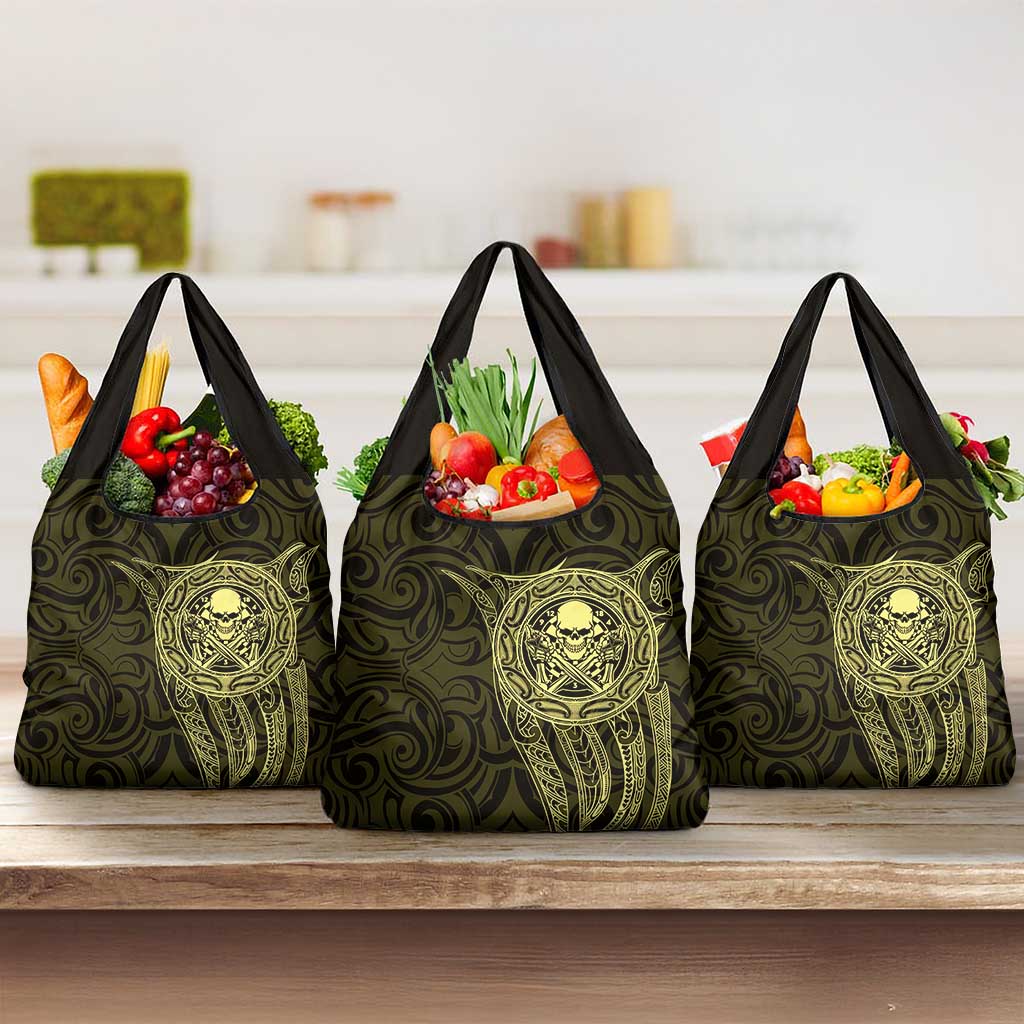 New Zealand Skull Darts Grocery Bag Aotearoa Maori Chest Tattoo Stylized Gold - Polynesian Pride