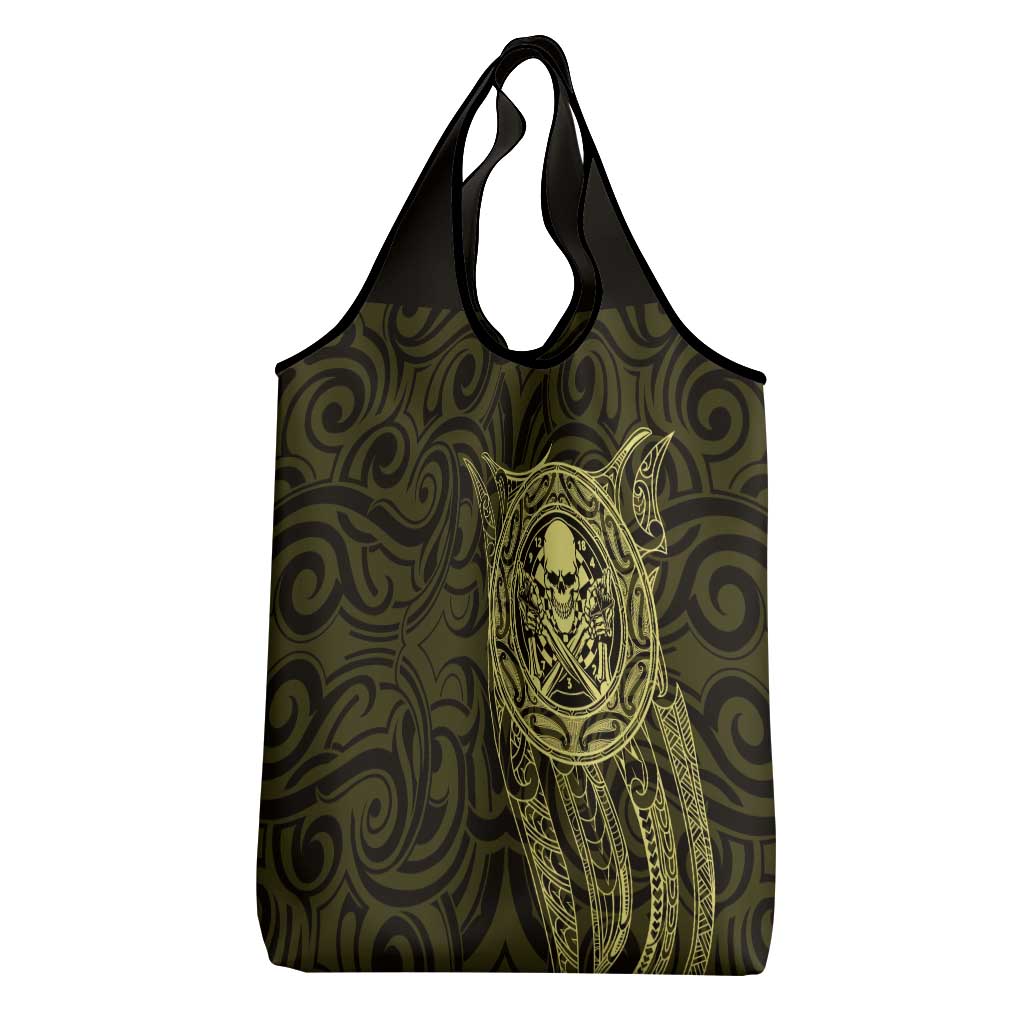 New Zealand Skull Darts Grocery Bag Aotearoa Maori Chest Tattoo Stylized Gold - Polynesian Pride