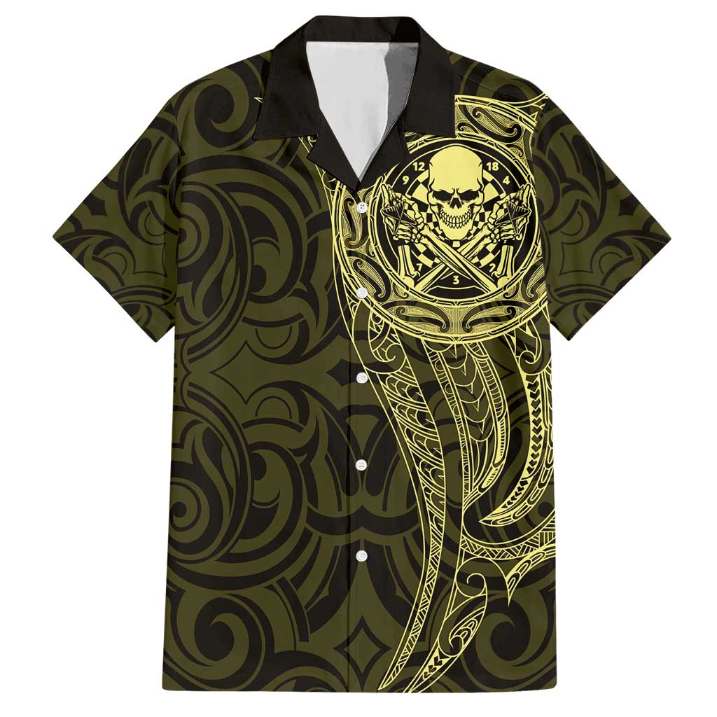 New Zealand Skull Darts Hawaiian Shirt Aotearoa Maori Chest Tattoo Stylized Gold - Polynesian Pride