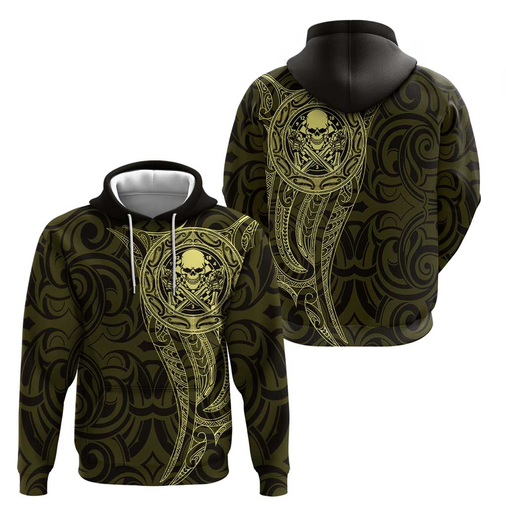 New Zealand Skull Darts Hoodie Aotearoa Maori Chest Tattoo Stylized Gold - Polynesian Pride