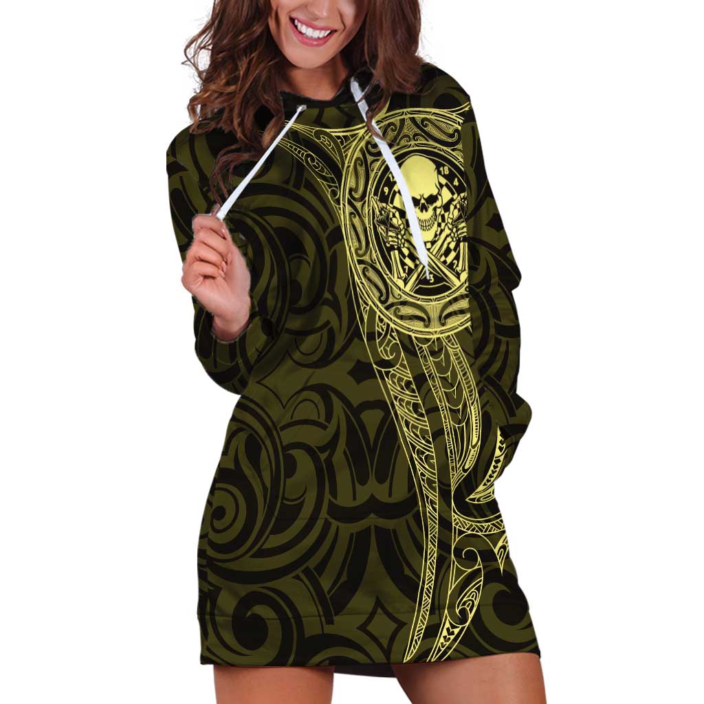 New Zealand Skull Darts Hoodie Dress Aotearoa Maori Chest Tattoo Stylized Gold - Polynesian Pride