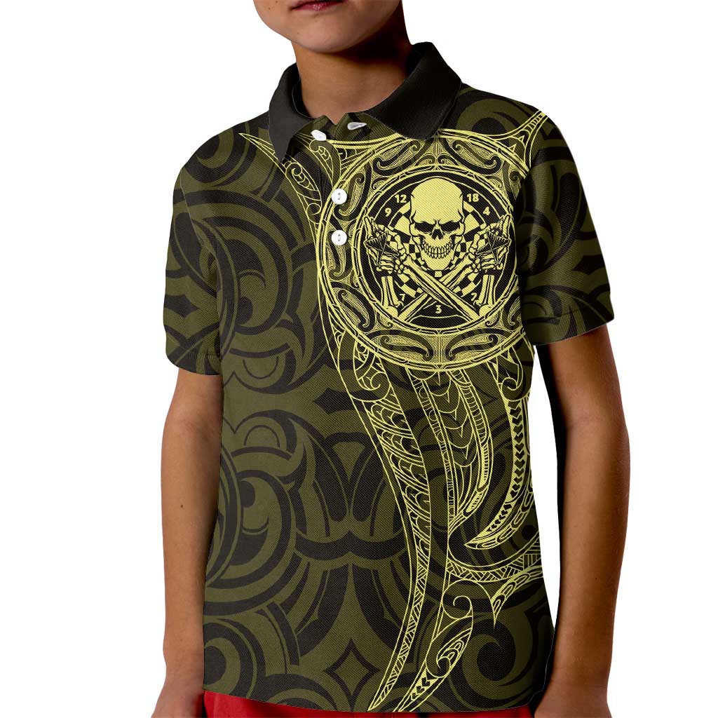New Zealand Skull Darts Kid Polo Shirt Aotearoa Maori Chest Tattoo Stylized Gold - Polynesian Pride