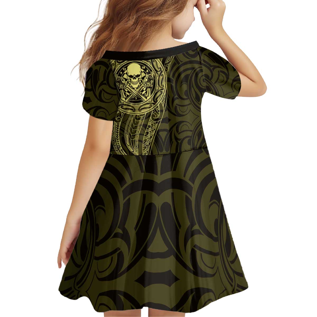 New Zealand Skull Darts Kid Short Sleeve Dress Aotearoa Maori Chest Tattoo Stylized Gold - Polynesian Pride