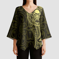 New Zealand Skull Darts Kimono Sleeve Blouse Aotearoa Maori Chest Tattoo Stylized Gold - Polynesian Pride
