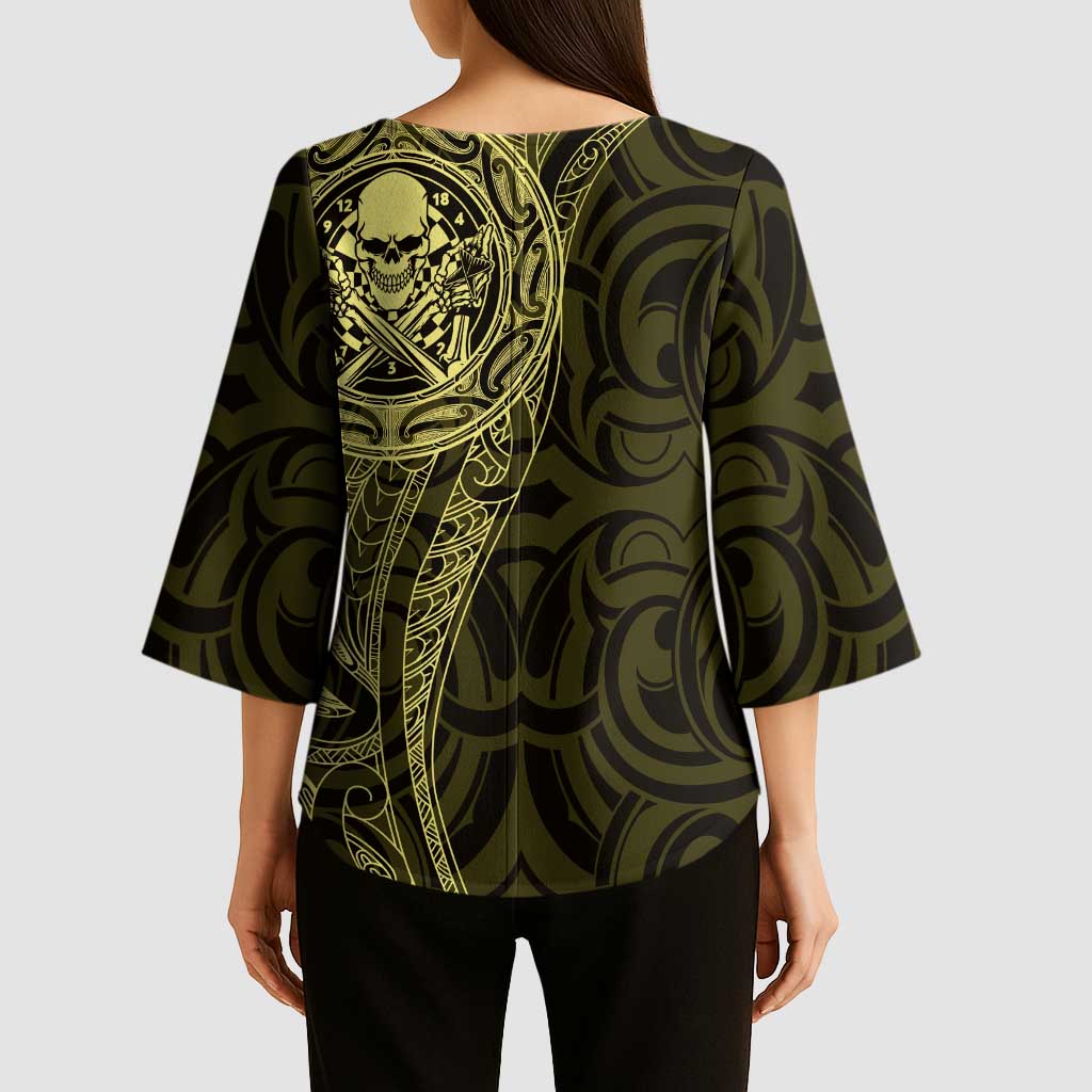 New Zealand Skull Darts Kimono Sleeve Blouse Aotearoa Maori Chest Tattoo Stylized Gold - Polynesian Pride