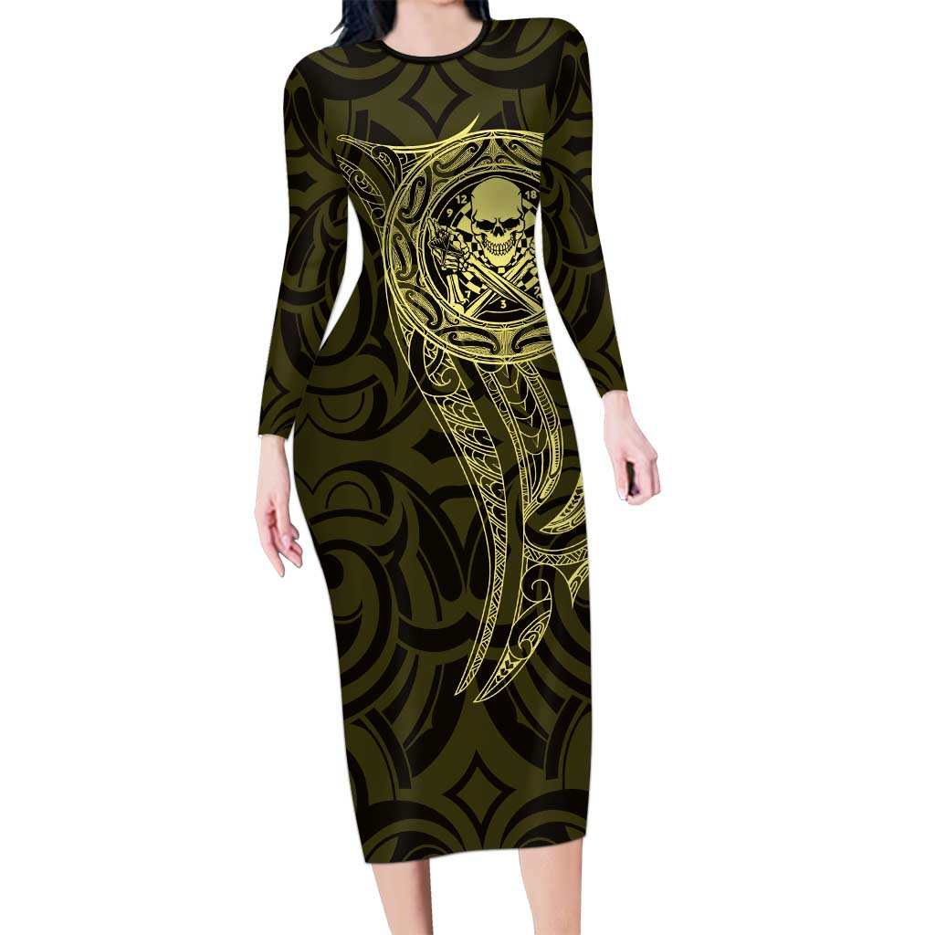 New Zealand Skull Darts Long Sleeve Bodycon Dress Aotearoa Maori Chest Tattoo Stylized Gold - Polynesian Pride