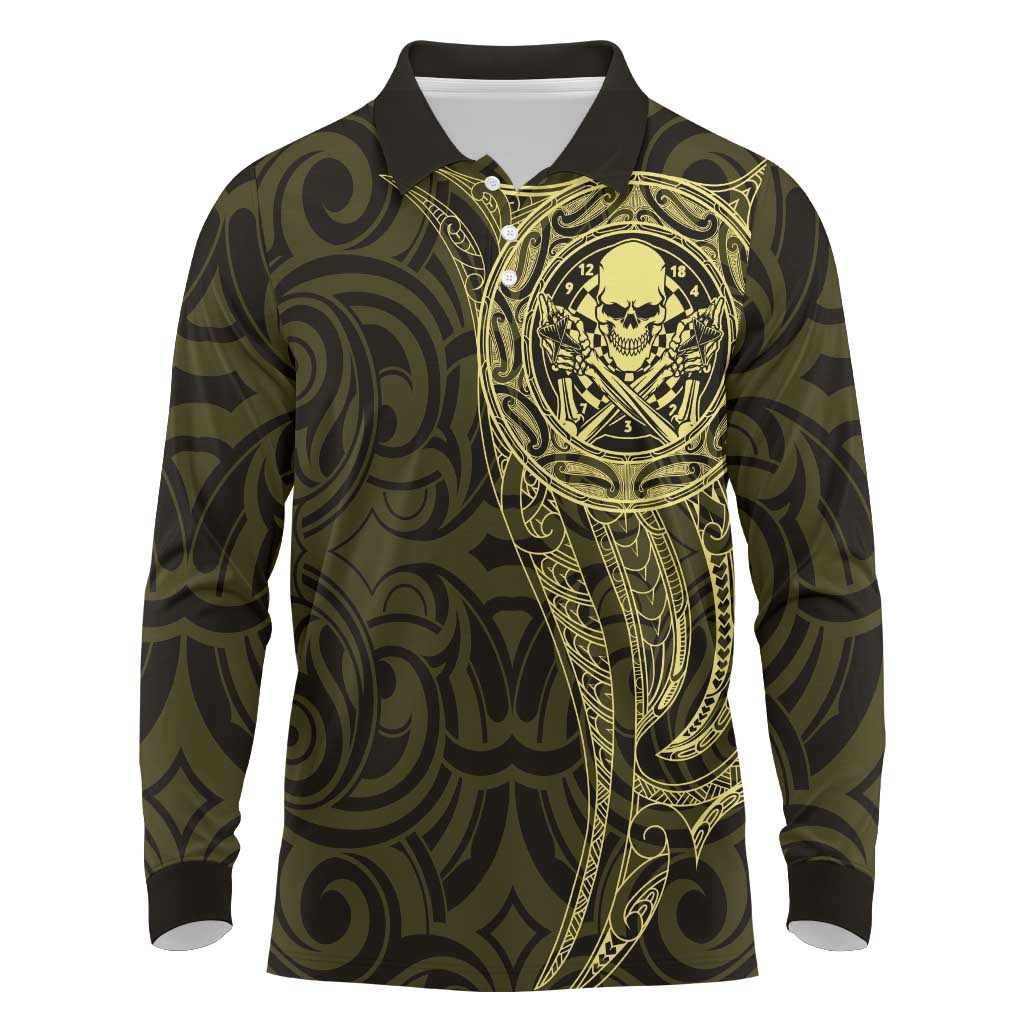 New Zealand Skull Darts Long Sleeve Polo Shirt Aotearoa Maori Chest Tattoo Stylized Gold - Polynesian Pride