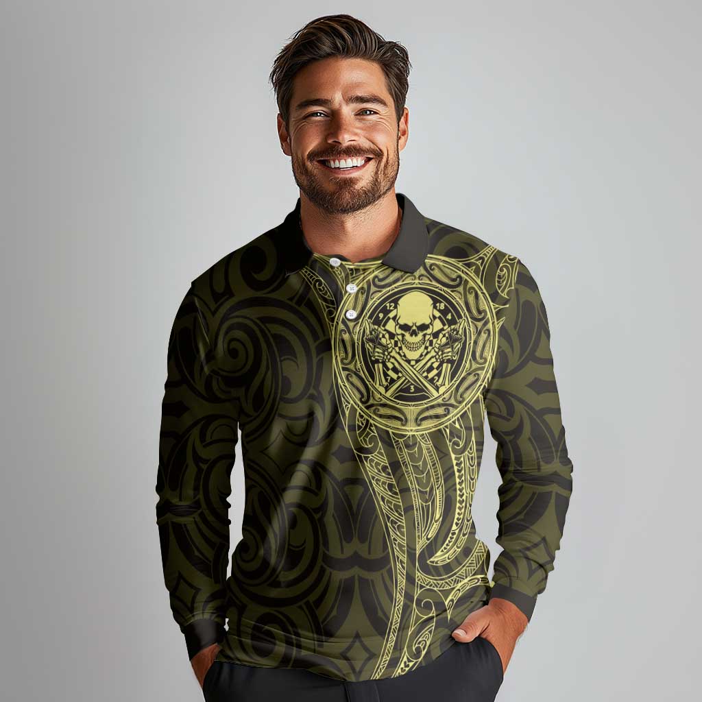 New Zealand Skull Darts Long Sleeve Polo Shirt Aotearoa Maori Chest Tattoo Stylized Gold - Polynesian Pride