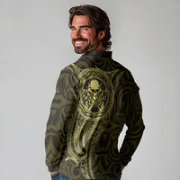 New Zealand Skull Darts Long Sleeve Polo Shirt Aotearoa Maori Chest Tattoo Stylized Gold - Polynesian Pride