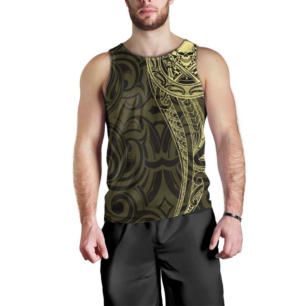 New Zealand Skull Darts Men Tank Top Aotearoa Maori Chest Tattoo Stylized Gold - Polynesian Pride