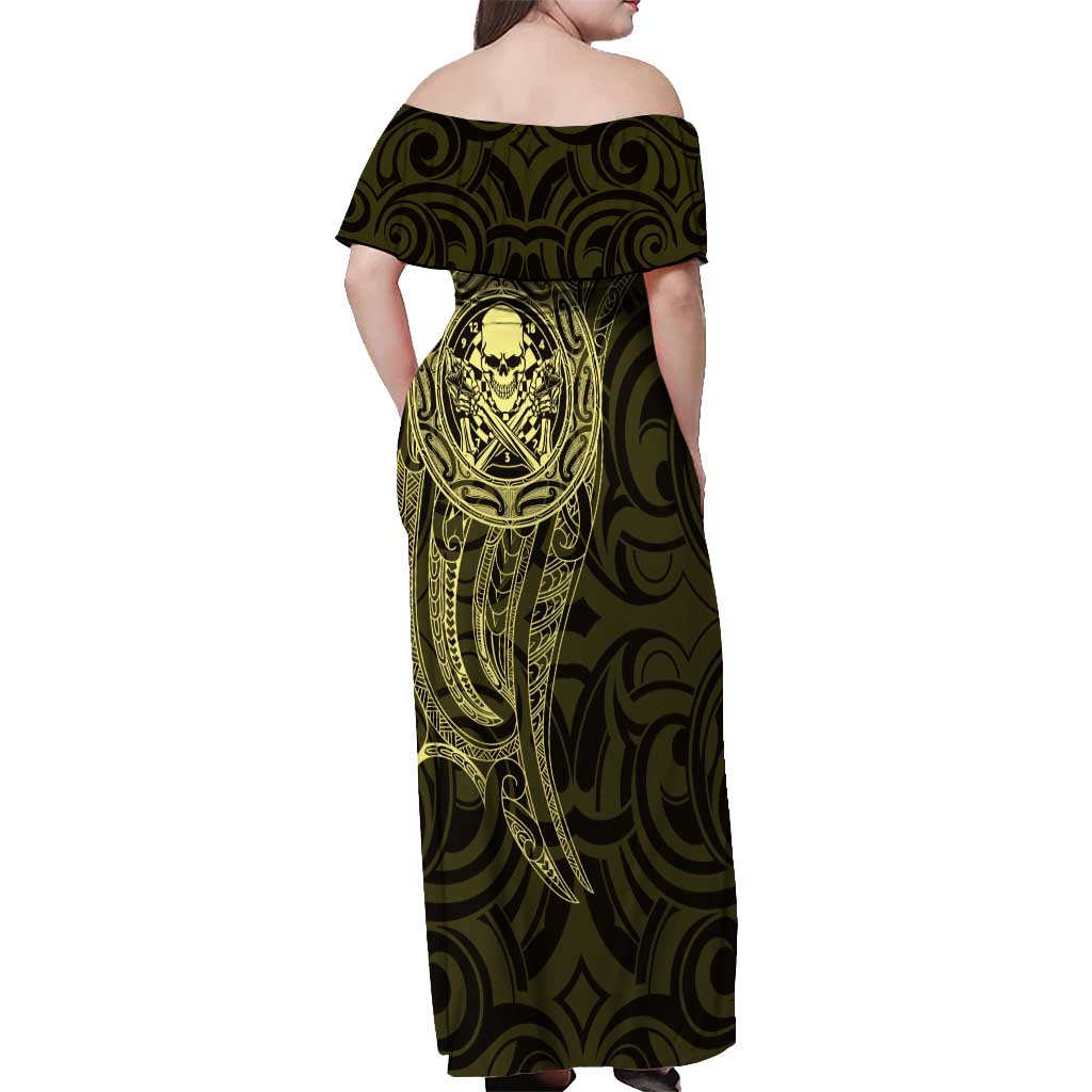 New Zealand Skull Darts Off Shoulder Maxi Dress Aotearoa Maori Chest Tattoo Stylized Gold - Polynesian Pride