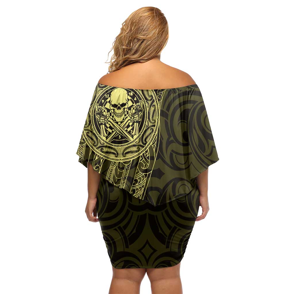 New Zealand Skull Darts Off Shoulder Short Dress Aotearoa Maori Chest Tattoo Stylized Gold - Polynesian Pride