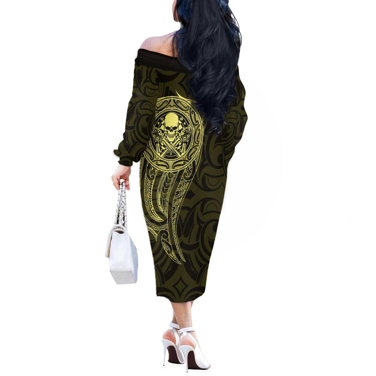 New Zealand Skull Darts Off The Shoulder Long Sleeve Dress Aotearoa Maori Chest Tattoo Stylized Gold - Polynesian Pride