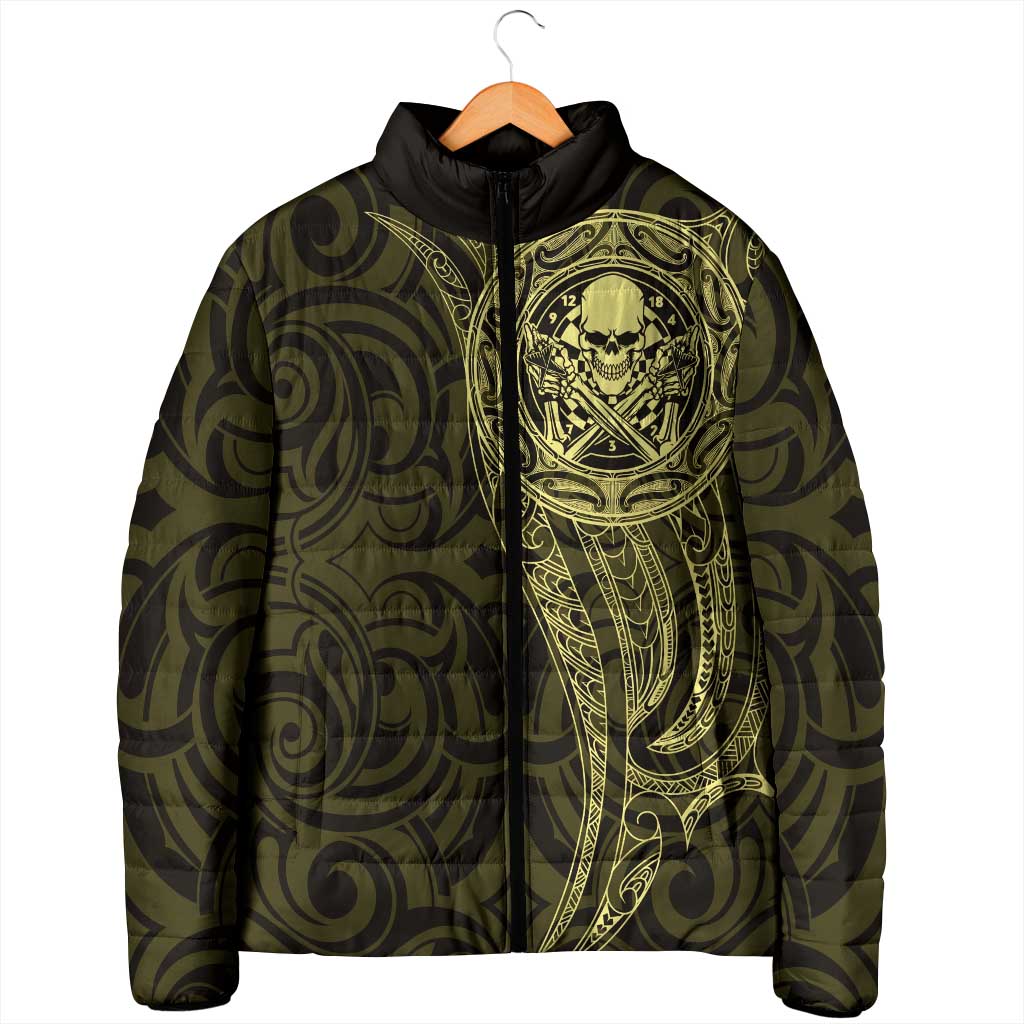 New Zealand Skull Darts Padded Jacket Aotearoa Maori Chest Tattoo Stylized Gold - Polynesian Pride