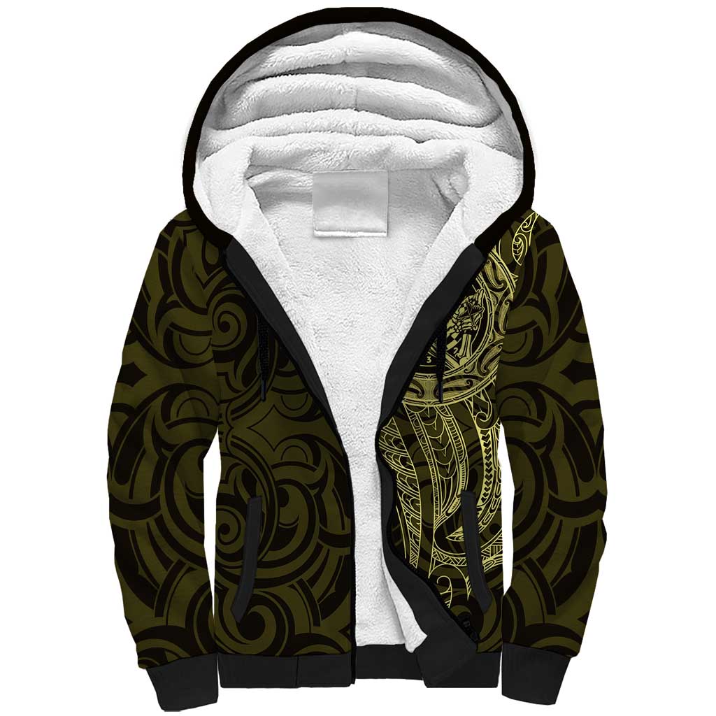 New Zealand Skull Darts Sherpa Hoodie Aotearoa Maori Chest Tattoo Stylized Gold - Polynesian Pride