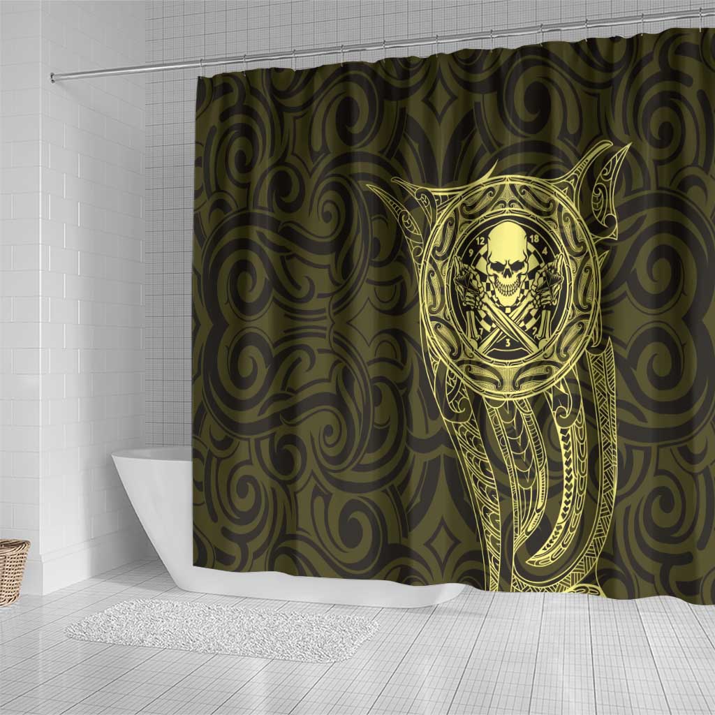 New Zealand Skull Darts Shower Curtain Aotearoa Maori Chest Tattoo Stylized Gold - Polynesian Pride