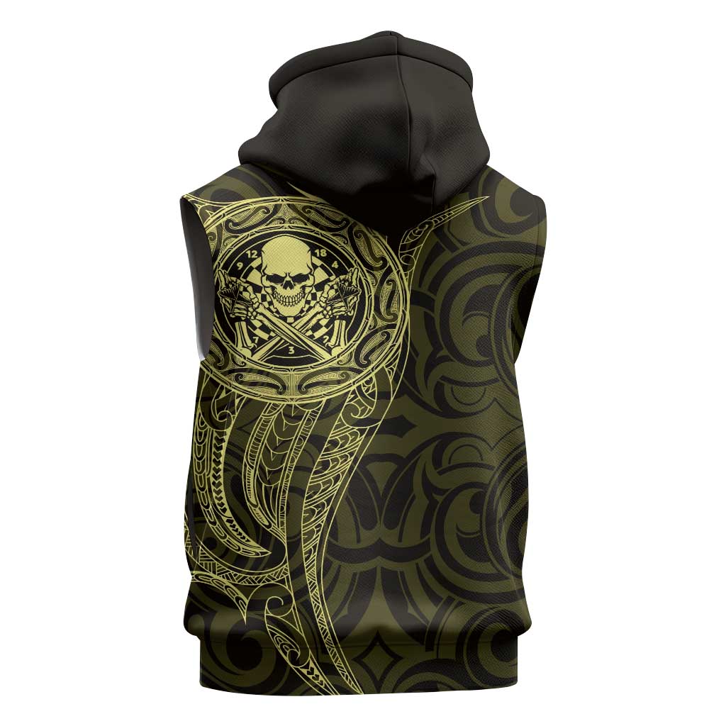 New Zealand Skull Darts Sleeveless Hoodie Aotearoa Maori Chest Tattoo Stylized Gold - Polynesian Pride