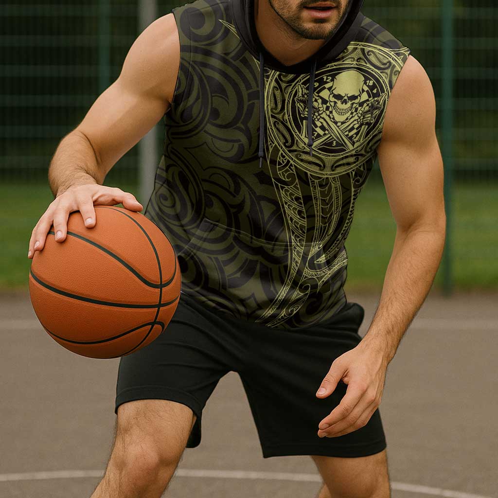 New Zealand Skull Darts Sleeveless Hoodie Aotearoa Maori Chest Tattoo Stylized Gold - Polynesian Pride