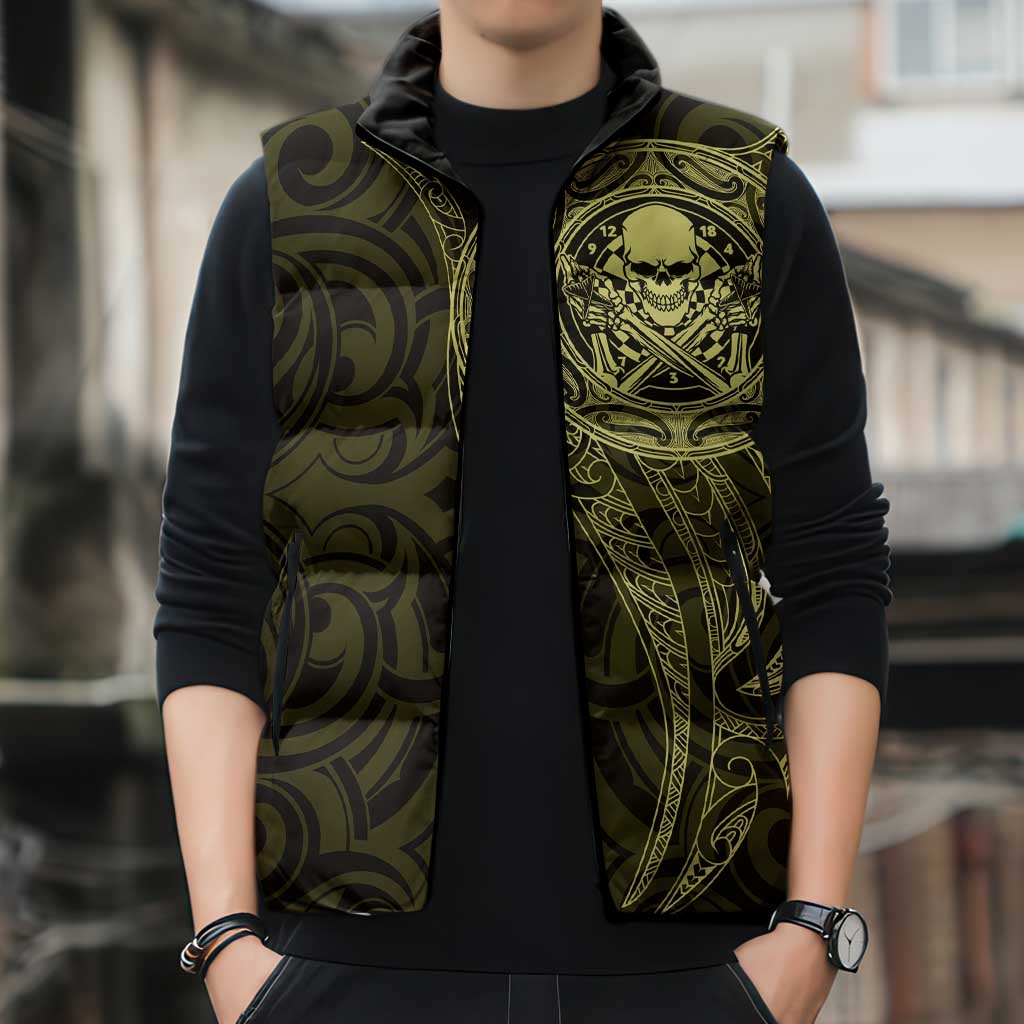 New Zealand Skull Darts Sleeveless Puffer Jacket Aotearoa Maori Chest Tattoo Stylized Gold - Polynesian Pride