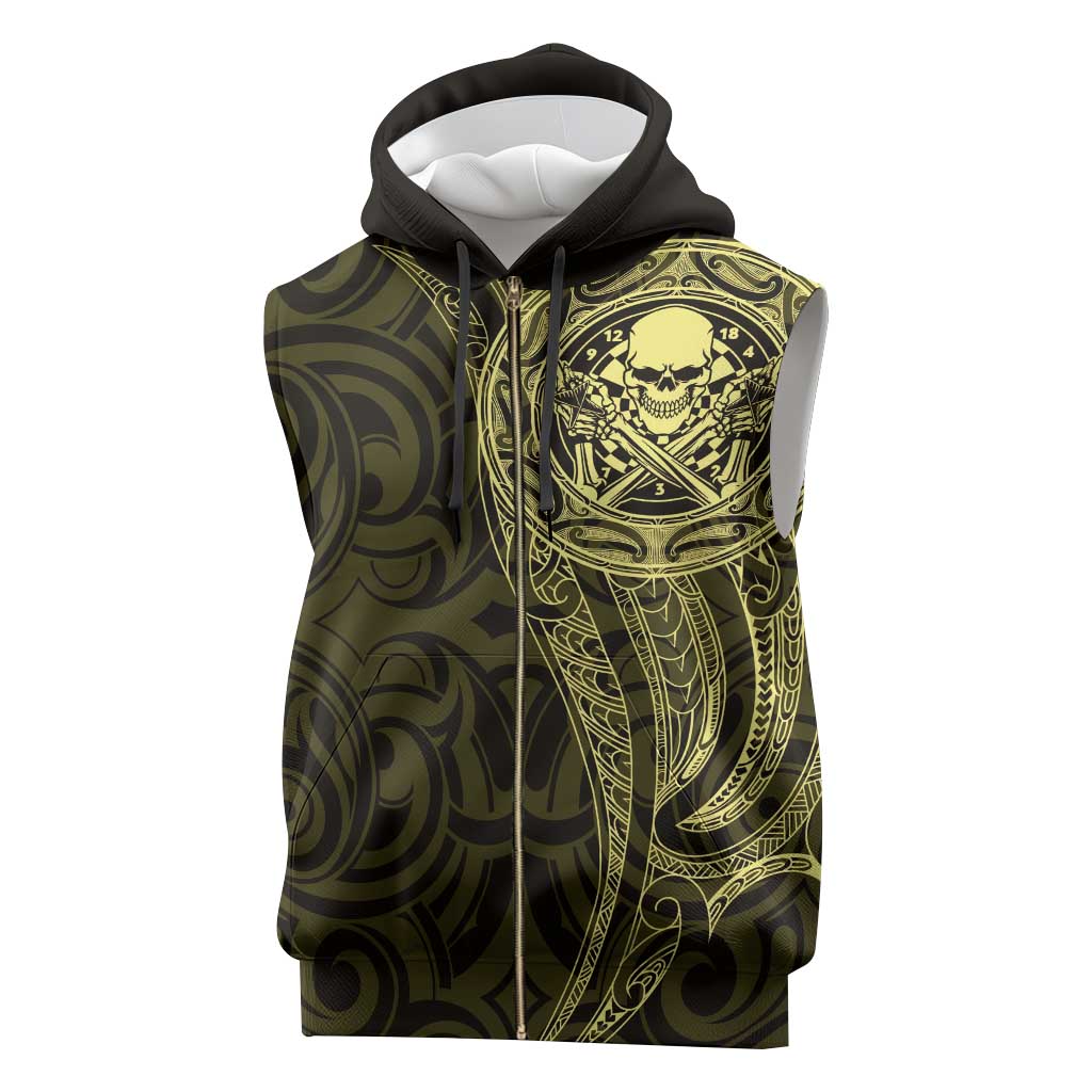 New Zealand Skull Darts Sleeveless Zip Hoodie Aotearoa Maori Chest Tattoo Stylized Gold - Polynesian Pride