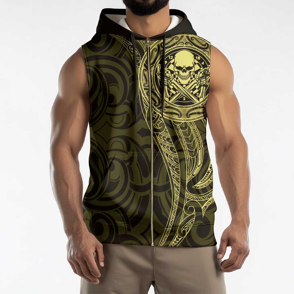 New Zealand Skull Darts Sleeveless Zip Hoodie Aotearoa Maori Chest Tattoo Stylized Gold - Polynesian Pride