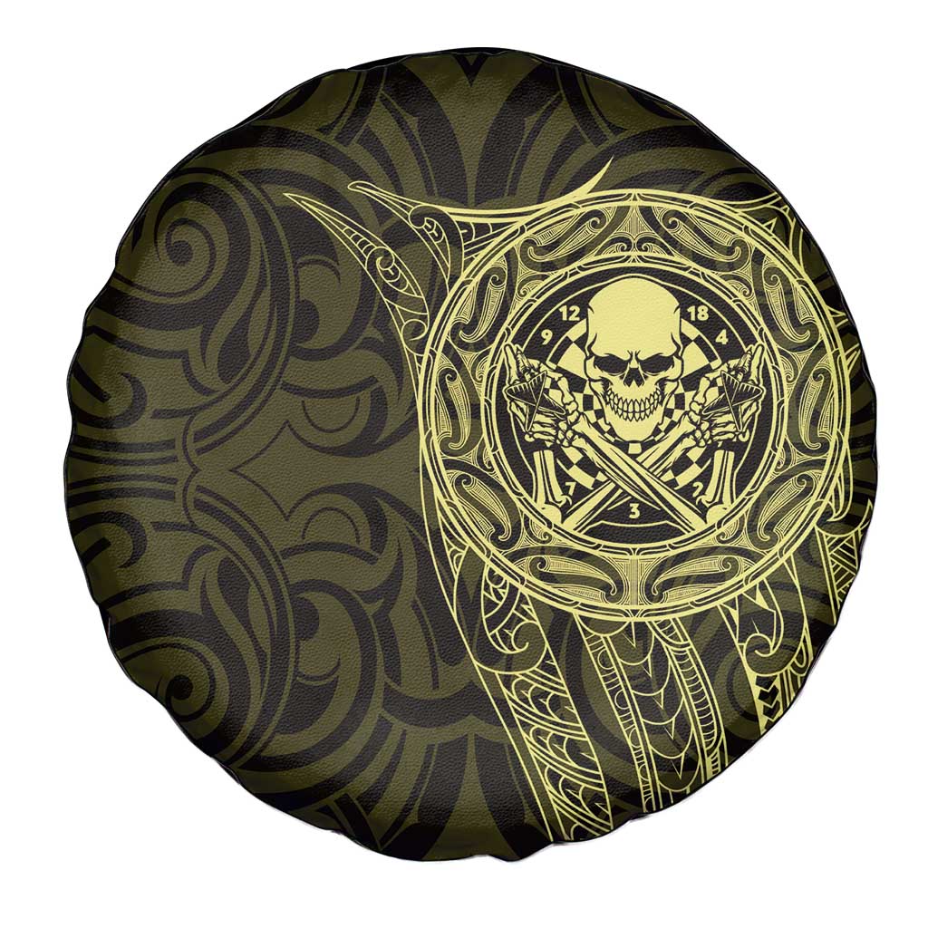 New Zealand Skull Darts Spare Tire Cover Aotearoa Maori Chest Tattoo Stylized Gold - Polynesian Pride