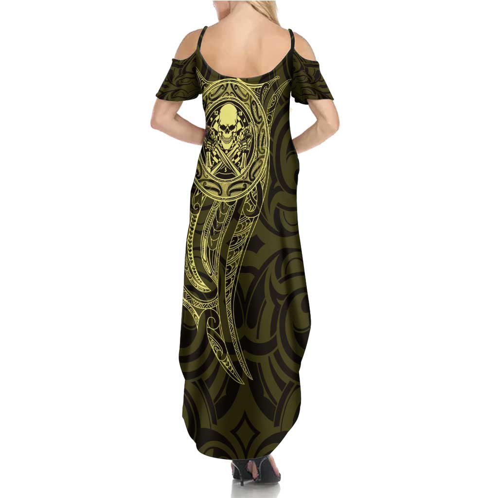 New Zealand Skull Darts Summer Maxi Dress Aotearoa Maori Chest Tattoo Stylized Gold - Polynesian Pride