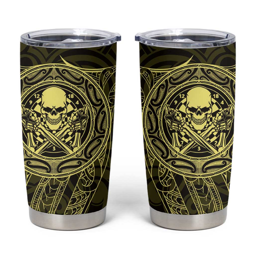 New Zealand Skull Darts Tumbler Cup Aotearoa Maori Chest Tattoo Stylized Gold - Polynesian Pride