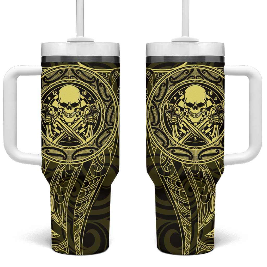 New Zealand Skull Darts Tumbler With Handle Aotearoa Maori Chest Tattoo Stylized Gold - Polynesian Pride