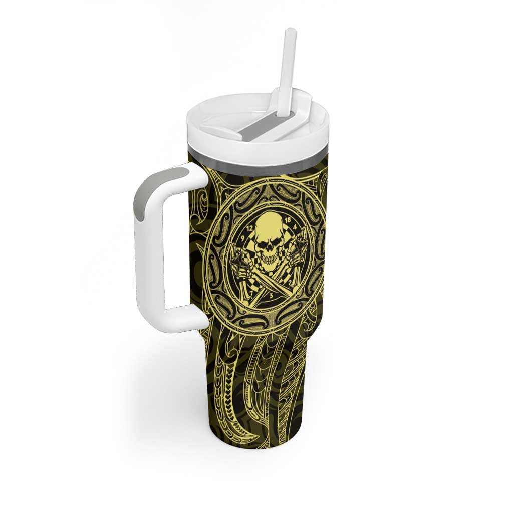 New Zealand Skull Darts Tumbler With Handle Aotearoa Maori Chest Tattoo Stylized Gold - Polynesian Pride