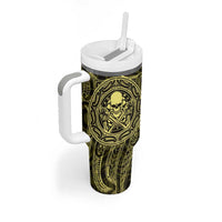 New Zealand Skull Darts Tumbler With Handle Aotearoa Maori Chest Tattoo Stylized Gold - Polynesian Pride