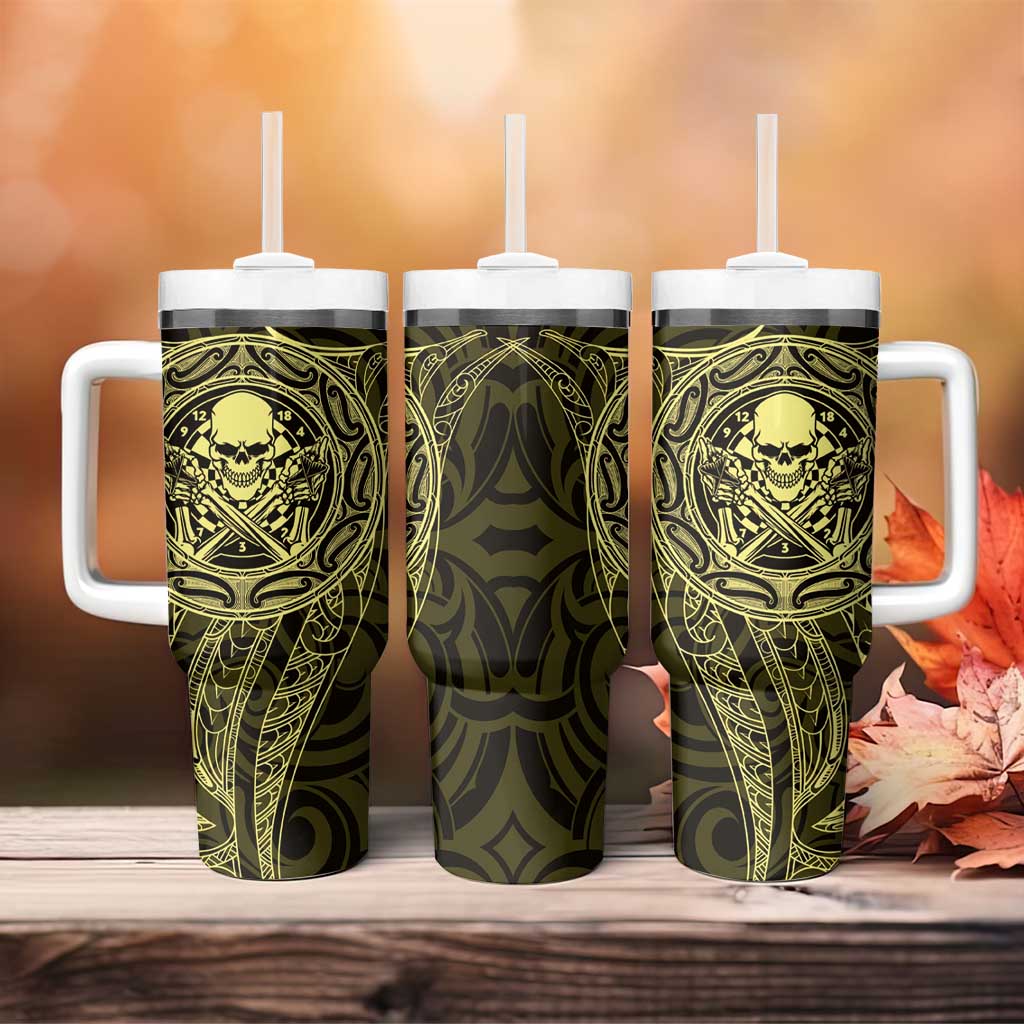 New Zealand Skull Darts Tumbler With Handle Aotearoa Maori Chest Tattoo Stylized Gold - Polynesian Pride