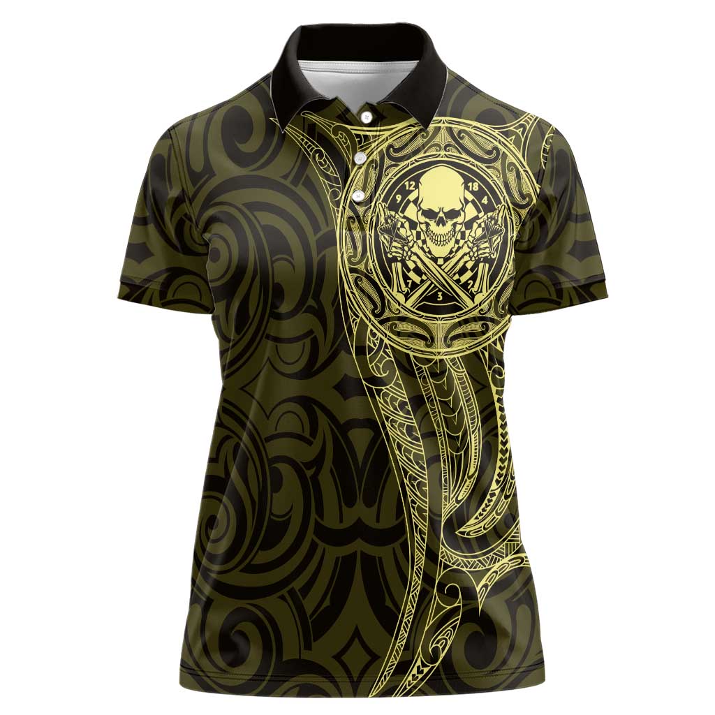 New Zealand Skull Darts Women Polo Shirt Aotearoa Maori Chest Tattoo Stylized Gold - Polynesian Pride