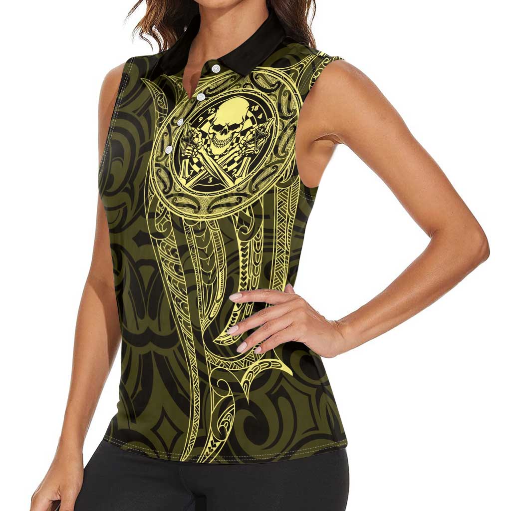 New Zealand Skull Darts Women Sleeveless Polo Shirt Aotearoa Maori Chest Tattoo Stylized Gold - Polynesian Pride